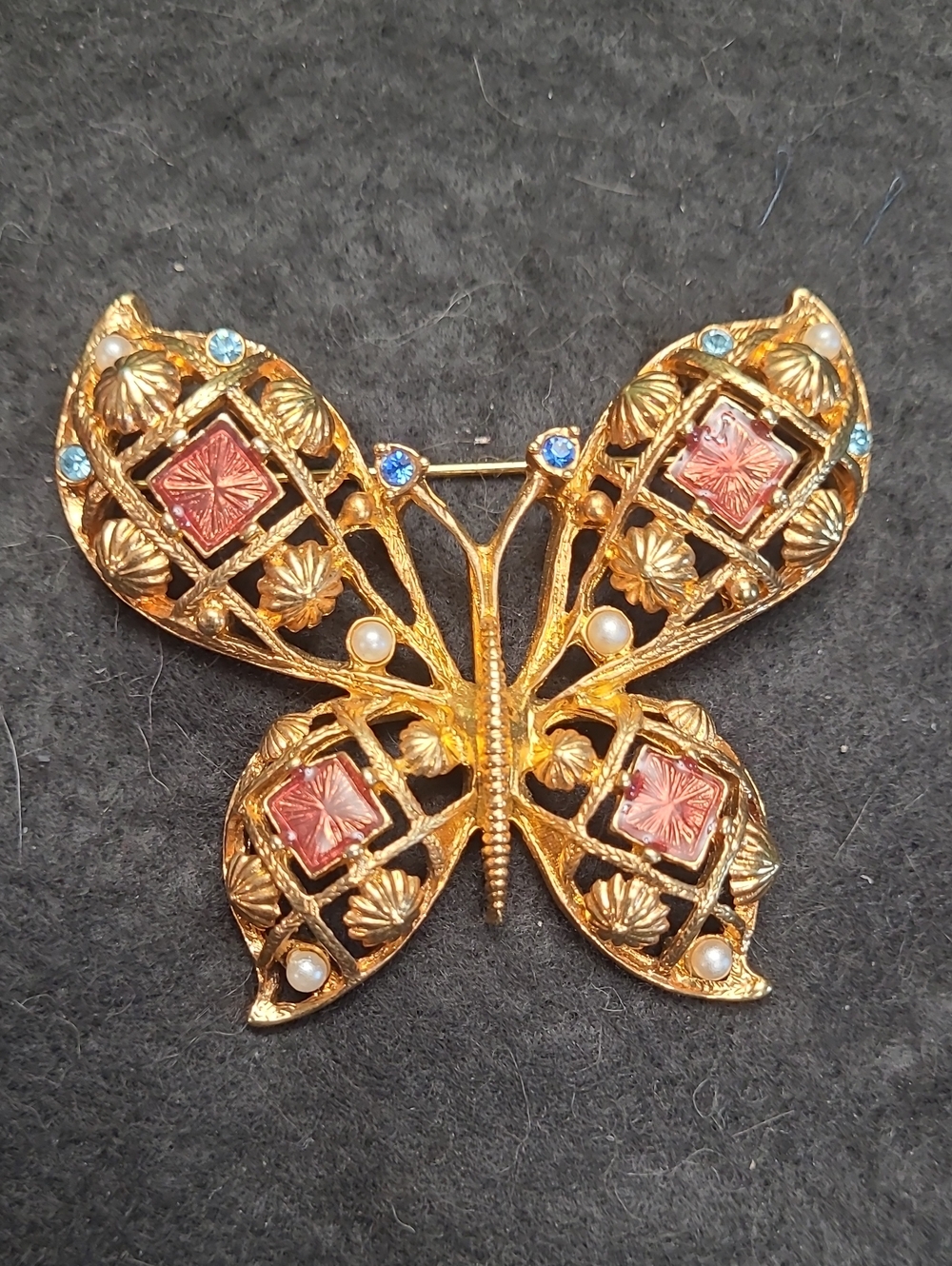 Avon Gold-Tone Butterfly Brooch with Pink, Blue, and Pearl Accents